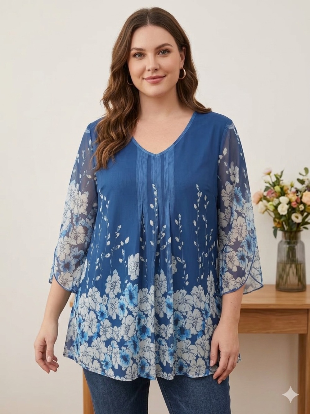 Blue Floral V-Neck Women's Tunic Top